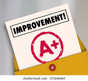 Improvement word on a report card with A plus grade to illustrate good results from studying or tutoring for school education - Powered by Shutterstock