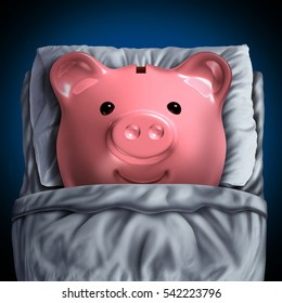 Inactive Savings Banking Account Symbol As A Piggy Bank Resting In Bed As A Dormant Unclaimed Financial Investment Metaphor With 3D Illustration Elements.