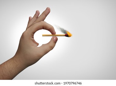 Incendiary Speech And Social Media Rhetoric Inciting Public Opinion Or Cancel Culture Concept As A Hand Shaped As A Word Bubble Holding A Flaming Match With 3D Illustration Elements.