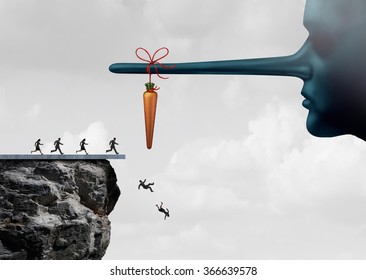 Incentive trap and corrupt leader business concept as a group of people running towards a carrot tied to a liar nose and fooled into fall off a cliff as a metaphor for entrapment.