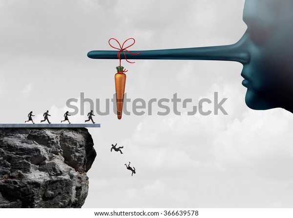 Incentive trap\
and corrupt leader business concept as a group of people running\
towards a carrot tied to a liar nose and fooled into fall off a\
cliff as a metaphor for\
entrapment.