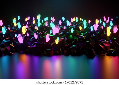 Inclusion, Many multi-colored icons of hands on a dark background, society, neon light. Team building, cultural diversity, protest, revolution, herd instinct. 3D render, 3D illustration, copy space