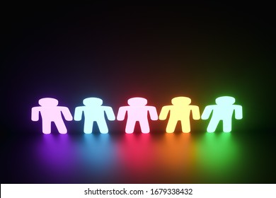 inclusion, a working group of five multi-colored icons of a human worker on a dark background. team building, cultural diversity, staffing decisions. 3D rendering, 3D illustration, copy space