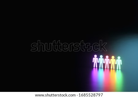 inclusion, a working group of five multi-colored icons of a human worker on a dark background. team building, cultural diversity, staffing decisions. 3D rendering, 3D illustration, copy space