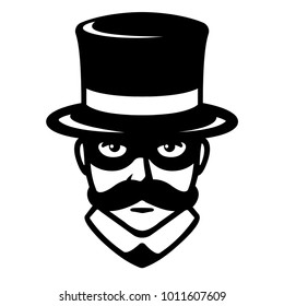 Incognito Man In Carnival Mask. Gentleman With Mustache In Top Hat And Hidden Face. Vintage Villain Illustration.