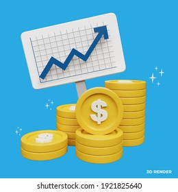 Income Salary Dollar Rate Increase Statistic. Business Profit Growth Margin Revenue. Finance Performance Of Return On Investment ROI Concept With Arrow. Cost Sale Icon Cartoon 3d Render Illustration