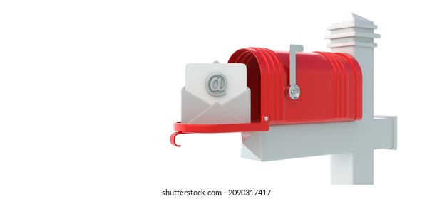 Incoming Email. Red Retro Mailbox On White Post Open With Raised Flag, Isolated On White Background. New Mail In The Postbox, Copy Space. 3d Illustration