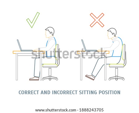 Incorrect and Correct Sitting Position Man Card Healthcare Concept. Thin Line Design Style. illustration