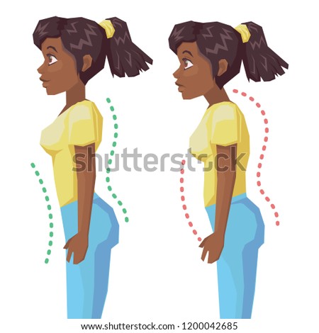 Incorrect standing posture make people have bad personality traits. Flat cartoon woman