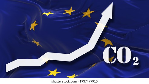 Increase of CO2 pollution. growing graph of carbon dioxide levels in The European Union agaist the national flag. 3d illustration