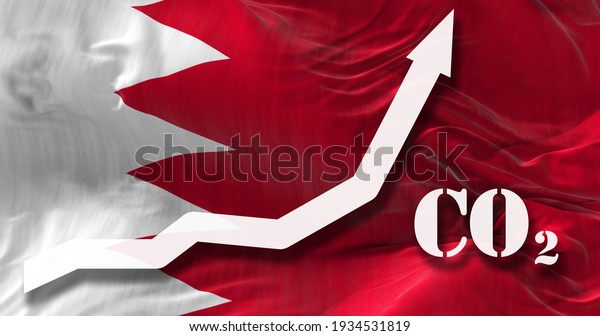 Increase of CO2\
pollution. growing graph of carbon dioxide levels in Bahrain agaist\
the national flag. 3d\
illustration