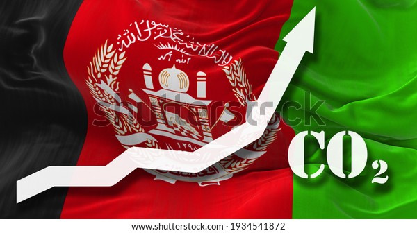 Increase of CO2 pollution. growing graph of\
carbon dioxide levels in Afghanistan agaist the national flag. 3d\
illustration