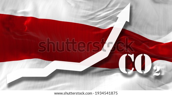 Increase of CO2\
pollution. growing graph of carbon dioxide levels in Belarus agaist\
the national flag. 3d\
illustration