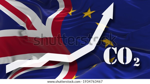 Increase of CO2 pollution. growing graph of\
carbon dioxide levels in The European Union and Great Britain\
agaist the national flag. 3d\
illustration