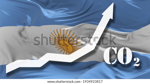 Increase of CO2 pollution. growing graph of\
carbon dioxide levels in Argentina agaist the national flag. 3d\
illustration