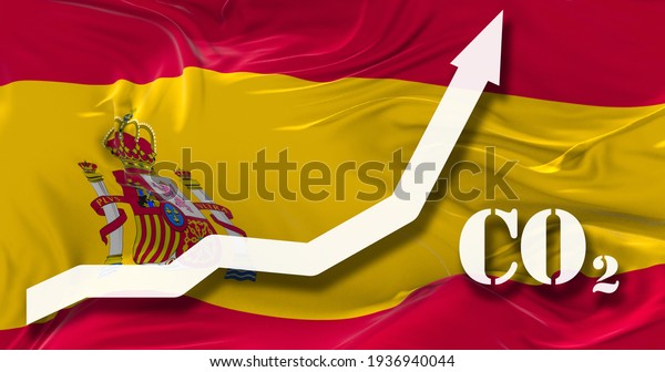 Increase of CO2\
pollution. growing graph of carbon dioxide levels in Spain agaist\
the national flag. 3d\
illustration