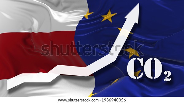 Increase of CO2 pollution. growing graph of\
carbon dioxide levels in The European Union and flag of Belarus\
agaist the national flag. 3d\
illustration