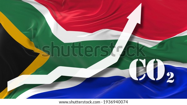 Increase\
of CO2 pollution. growing graph of carbon dioxide levels in South\
Africa agaist the national flag. 3d\
illustration