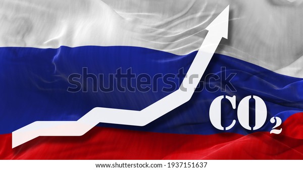 Increase of CO2\
pollution. growing graph of carbon dioxide levels in Russia agaist\
the national flag. 3d\
illustration