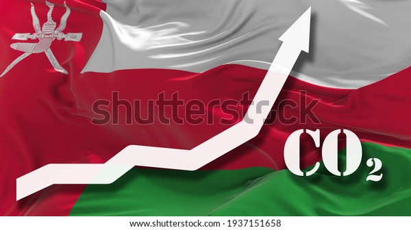 Increase of CO2\
pollution. growing graph of carbon dioxide levels in Oman agaist\
the national flag. 3d\
illustration