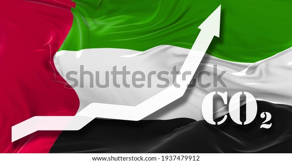 Increase of CO2 pollution. growing graph of\
carbon dioxide levels in United Arab Emirates agaist the national\
flag. 3d\
illustration