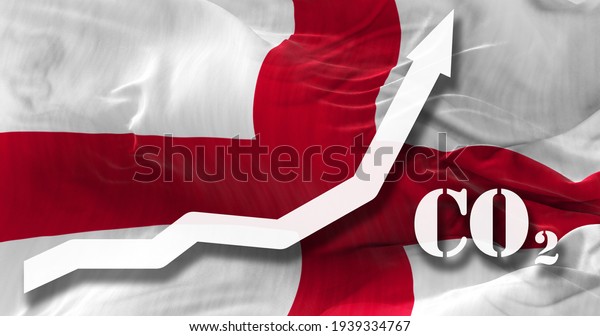 Increase of
CO2 pollution. growing graph of carbon dioxide levels in England 
agaist the national flag. 3d
illustration