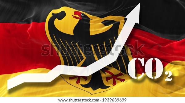 Increase of CO2 pollution. growing graph of\
carbon dioxide levels in Federal Republic of Germany agaist the\
national flag. 3d\
illustration