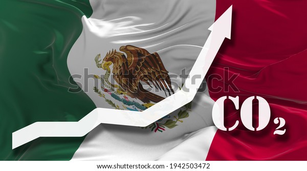 Increase of CO2\
pollution. growing graph of carbon dioxide levels in Mexico agaist\
the national flag. 3d\
illustration