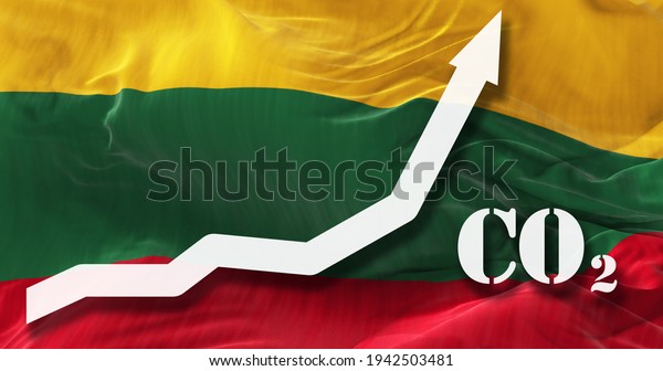 Increase of CO2 pollution. growing graph of\
carbon dioxide levels in Lithuania agaist the national flag. 3d\
illustration