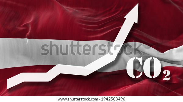 Increase of CO2\
pollution. growing graph of carbon dioxide levels in Latvia agaist\
the national flag. 3d\
illustration