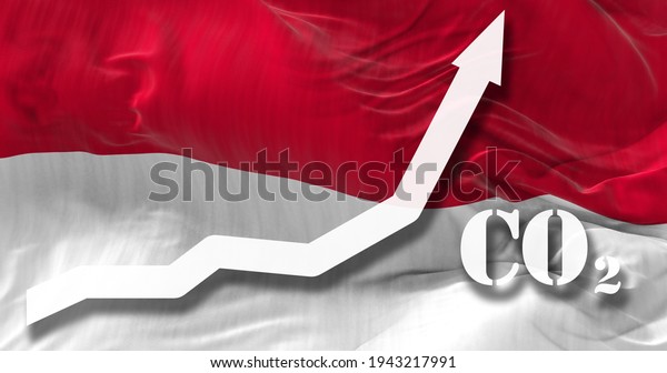 Increase of CO2 pollution. growing graph of\
carbon dioxide levels in Indonesia agaist the national flag. 3d\
illustration