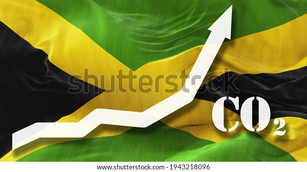 Increase of CO2\
pollution. growing graph of carbon dioxide levels in Jamaica agaist\
the national flag. 3d\
illustration