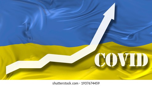 Increase Of Covid-19 Infected Cases. Growing Graph Of Coronavirus Numbers Of Infections In Ukrainian Agaist The National Flag. New Wave. 3d Illustration