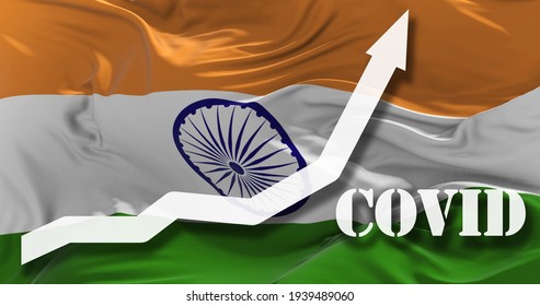 Increase Of Covid-19 Infected Cases. Growing Graph Of Coronavirus Numbers Of Infections In India Agaist The National Flag. New Wave. 3d Illustration