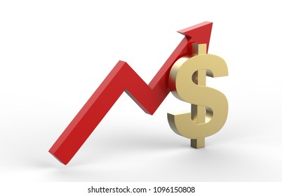 Increase in dollar value concept, golden dollar sign with a rising arrow, 3d illustration
