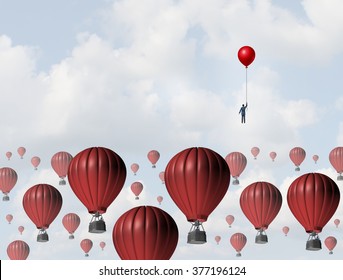 Increase Efficiency And Improve Performance Business Concept As A Businessman Holding A Balloon Leading The Race To The Top Against A Group Of Slow Hot Air Balloons Using A Low Cost Winning Strategy.