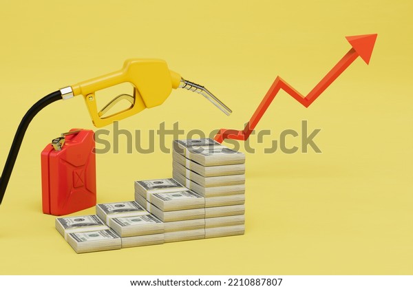 increase in\
the price of fuel. a canister of gasoline next to a chart of rising\
prices and wads of dollars. 3D\
render.