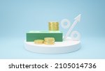 Increasing arrow and stack of money as financial saving rising concept on white podium, increasing of interest rates, financial concept and business profit growth concept, 3d rendering illustration.