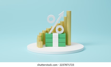 Increasing arrow and stack of money as financial saving rising concept on white podium, increasing of interest rates, financial concept and business profit growth concept, 3d rendering illustration.