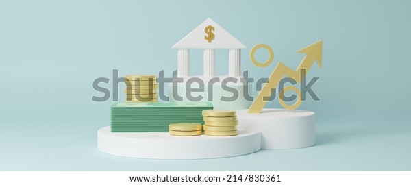 Increasing arrow and stack of money as\
financial saving rising concept on white podium, increasing of\
interest rates, financial concept and business profit growth\
concept, 3d rendering\
illustration.
