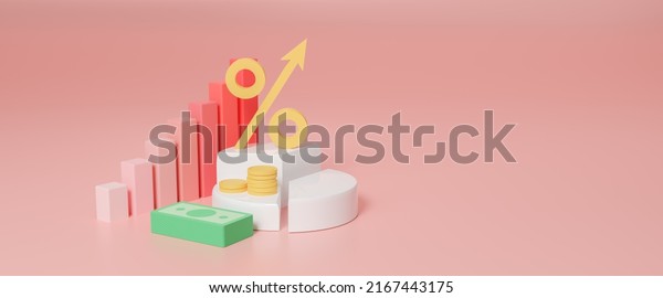 Increasing arrow and stack of money as\
financial saving rising concept on white podium, increasing of\
interest rates, financial concept and business profit growth\
concept, 3d rendering\
illustration.