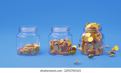 Increasing coins in a three glass jar against a light blue background. Savings money concept, growth, income, investment, Business success. 3D rendering. - Powered by Shutterstock