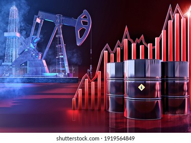 Increasing Oil Stock Price. Oil Price Up Growth Graph 3D Background: Oil Pump, Drill Rig, Barrels, Energy High Price Charts Rise. Coronavirus Covid-19 Impact On Brent Oil Market Economy Fluctuations 