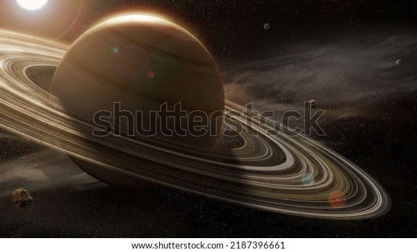 Incredible image of Saturn with the rings\
illuminated by the sun. Detailed image of the universe with stars\
in 8k. 3d\
illustration