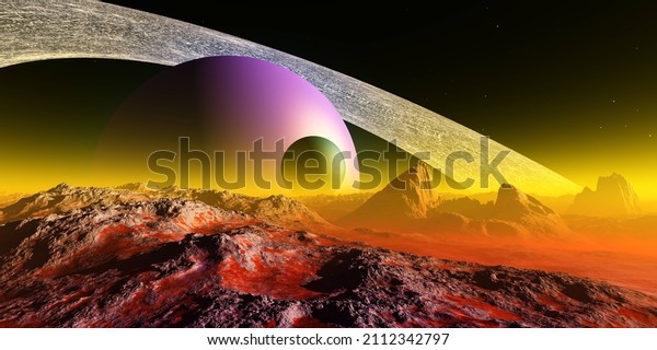 Incredibly beautiful alien
landscape at the rising of a star and a parade of planets, alien
world, the surface of another planet, fantastic landscape 3D
rendering