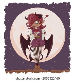 Сute Incubus Holding A Rose On The Background Of The Moon. Halloween Card.