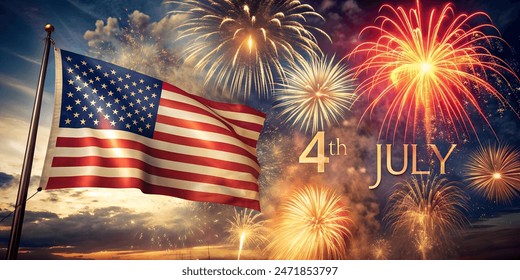 Independence Day background banner with fireworks and USA flag in the sky - Powered by Shutterstock