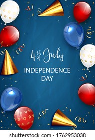 Independence day background and lettering 4th of July with balloons and rocket fireworks. Independence day Theme. Illustration can be used for holiday design, cards, posters, banners. - Shutterstock ID 1762953038