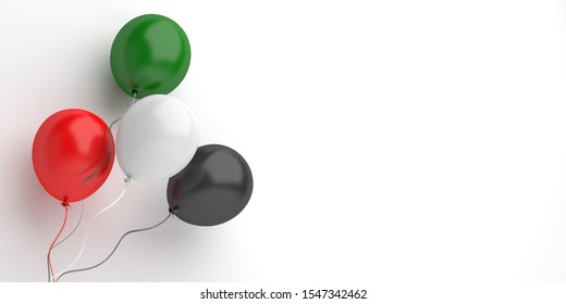 Independence day design creative concept for United Arab Emirates UAE, Kuwait, Palestine, Jordan, Sudan. Flying balloon red, white, green, black color on background studio lighting. 3D illustration. - Powered by Shutterstock