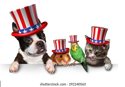 Independence Day Pets Celebrating The United States Fourth Of July Holiday With A Dog Cat Bird And Hamster Wearing Hats With The American Stars And Stripes.